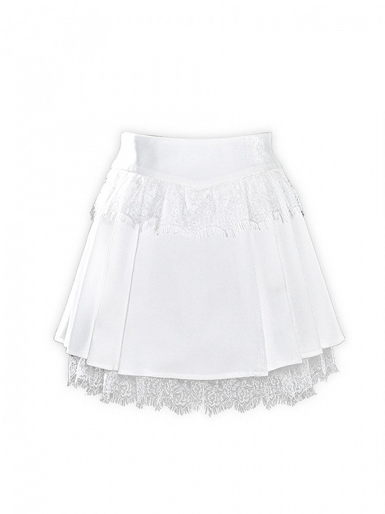 White Lace Raw Hem Fairy Goth Pleated Skirt