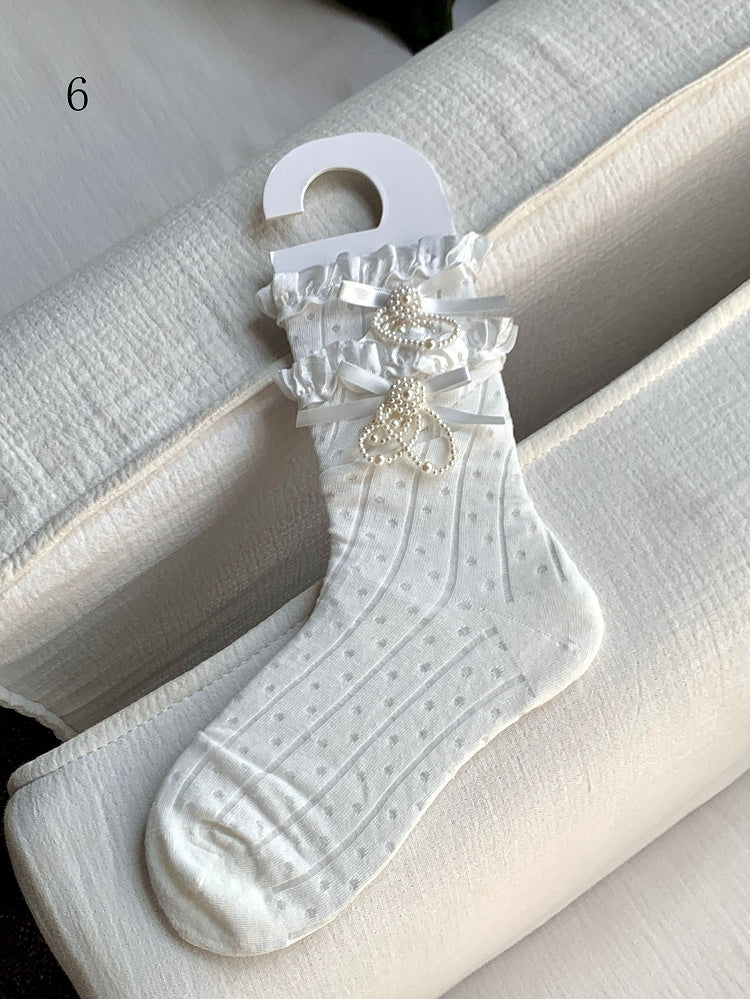 White Beaded Bowknot Decorated Lace Trim Socks