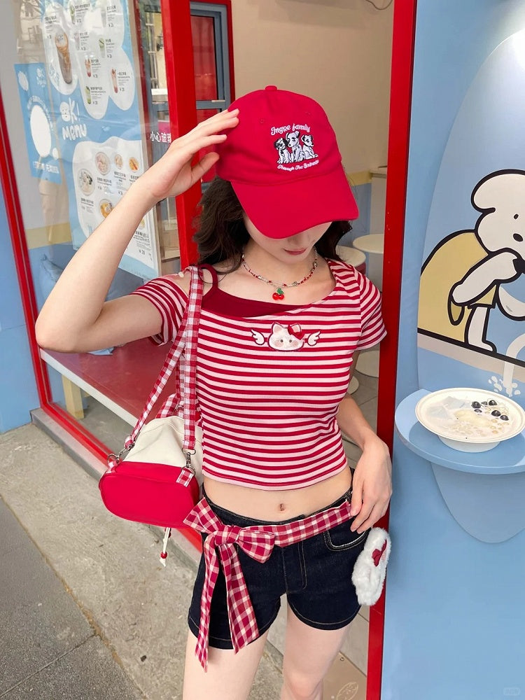 Dark Blue Straight-leg Denim Shorts with Kitty Plushie and Red Plaid Waist Accessory