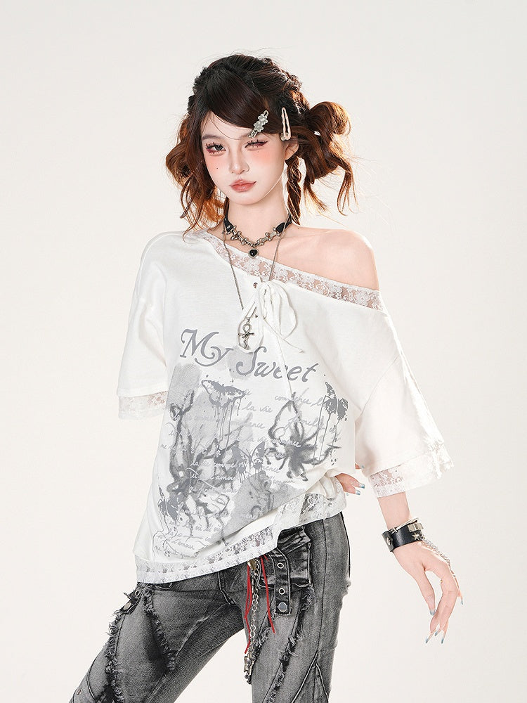 Asymmetrical Neckline Lace Trim Butterfly Print Black/White Loose T-shirt