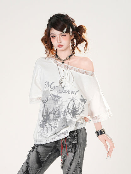 Asymmetrical Neckline Lace Trim Butterfly Print Black/White Loose T-shirt