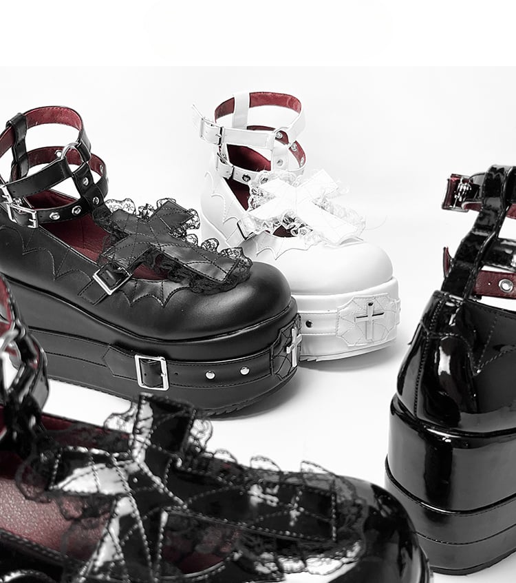 Clearance-Size 38 Matte Black Gothic Lolita Lace Trim Cross Platform Shoes