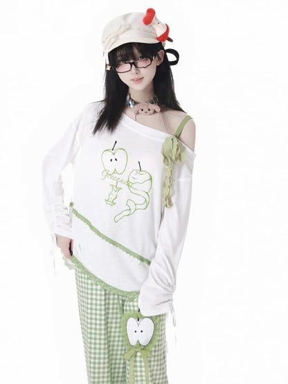 Green Apple Print Drawstring Cuffs White Asymmetrical Neckline Coverup