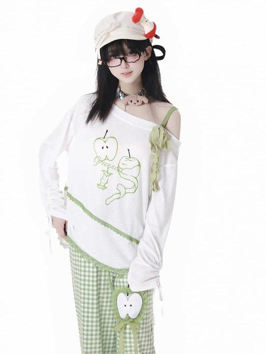 Green Apple Print Drawstring Cuffs White Asymmetrical Neckline Coverup