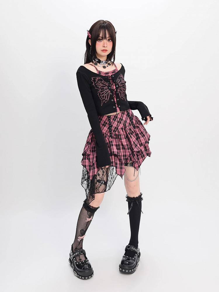Pink and Black Plaid High Waist Handkerchief Hem Tiered Skirt