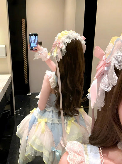 Blue and Yellow Basque Waist Fairycore Lolita Jumper Skirt with Layered Handkerchief Hem