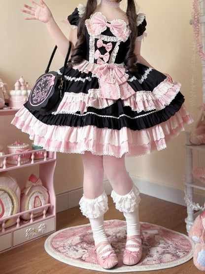 Black and Pink Sweet Bow Accents Short Sleeves Dress Lolita One Piece