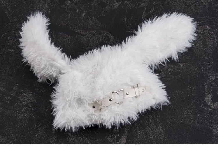 White Gothic Studs and Pins Bunny Ear Plush Hat