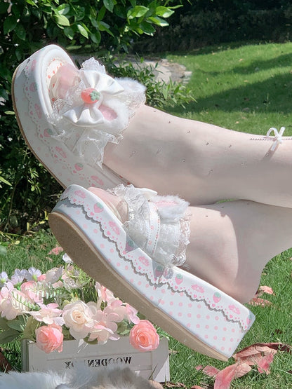 White Sweet Lolita Bow Accents Lace Trim Plush Bunny Ear Platform Slippers