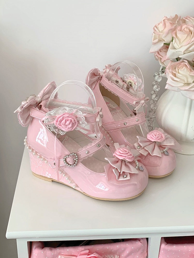 Pink Elegant Lolita Wedge Shoes in PU Leather with Removable Rose Details & Beadwork
