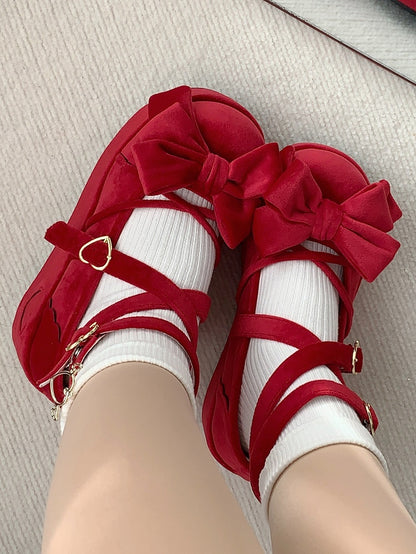 Sweet Wine Red Lolita Platforms in Velvet - Bow at Top, Crisscross Design & Heart Fastener