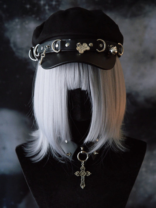 Black Gothic Studs Details Bone And Cross Charm Beret Hat