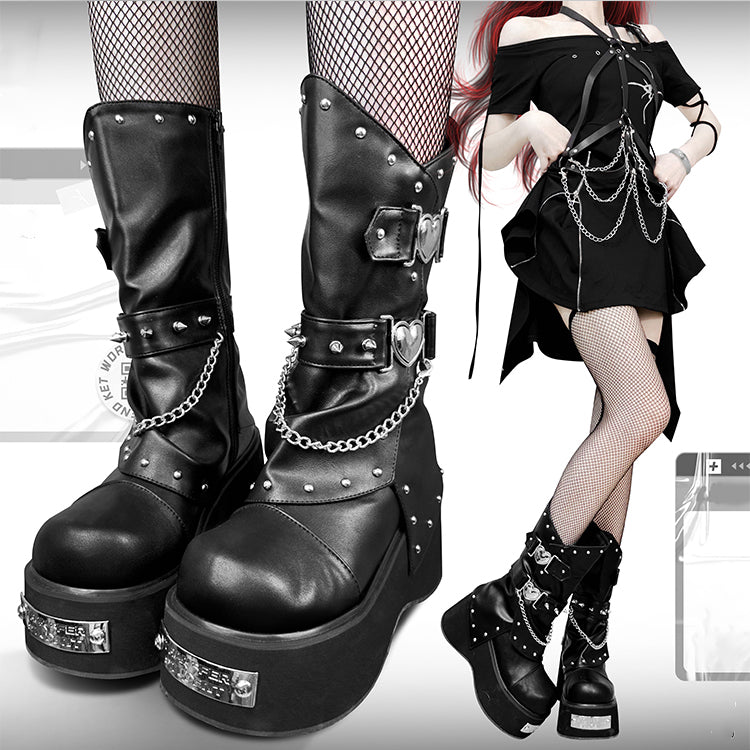 Punk Silver-tone Studs Black Gothic Platform Boots