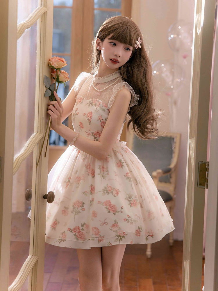 Pink Rosette Print White Illusion Neckline Summer Lolita Dress