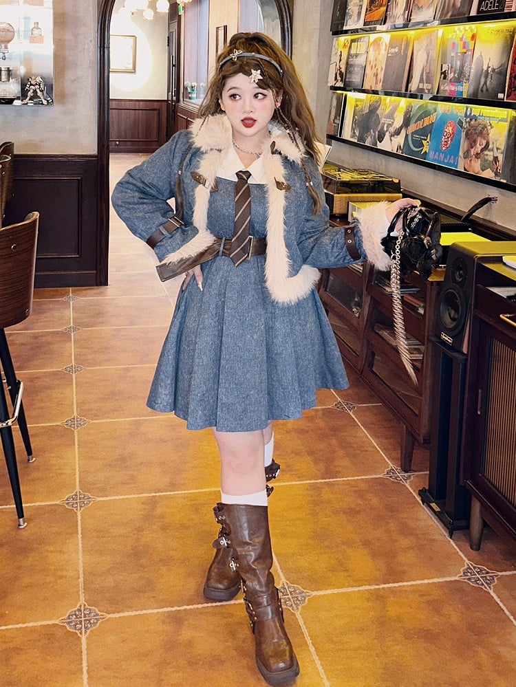 Plus Size Blue Denim Jacket Plush Trim