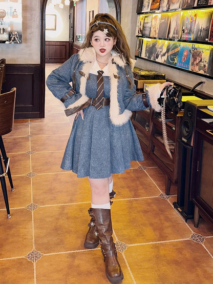 Plus Size Blue Denim Jacket Plush Trim