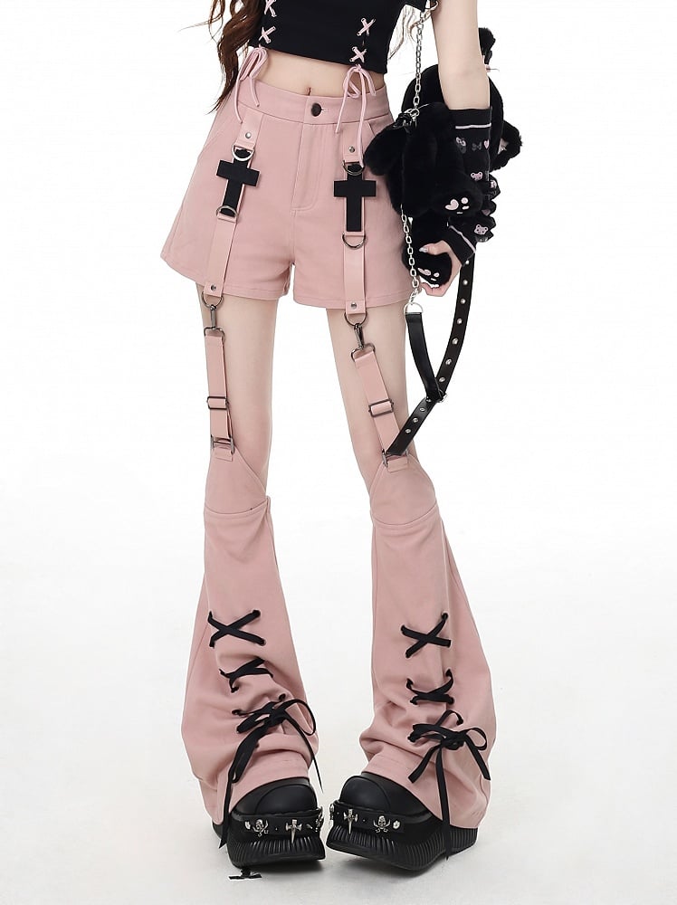 Pink Cross Embellished Shorts with Lace-up Detail Detachable Leg Warmers