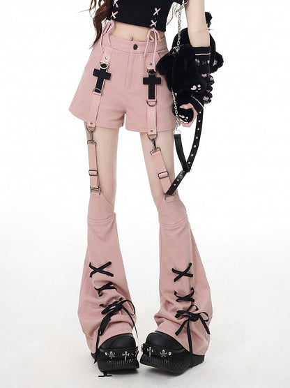 Pink Cross Embellished Shorts with Lace-up Detail Detachable Leg Warmers