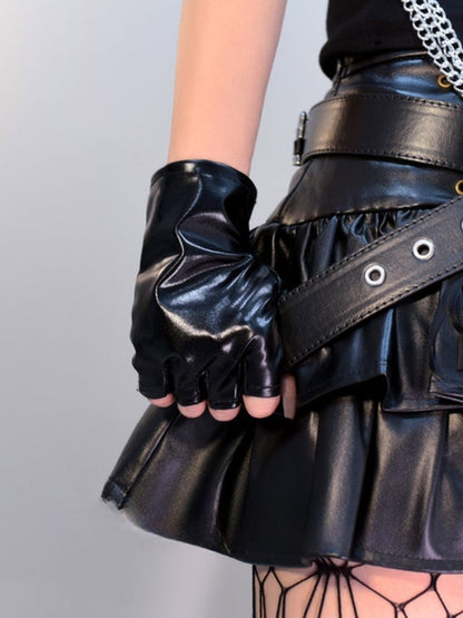 Cyberpunk Gothic Black/Silver PU Fingerless Gloves