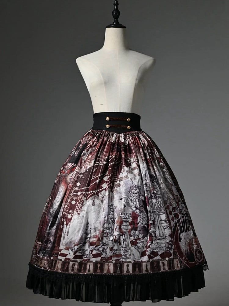 Red Corset Belt Waist Chess Theme Print Lolita Skirt