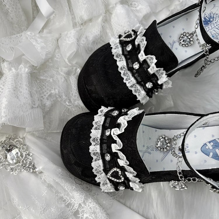 Jirai Kei Black Lace Platform Heels: 12cm Chunky Block Heel with Heart Rhinestone Chain & Buckle Ankle Strap