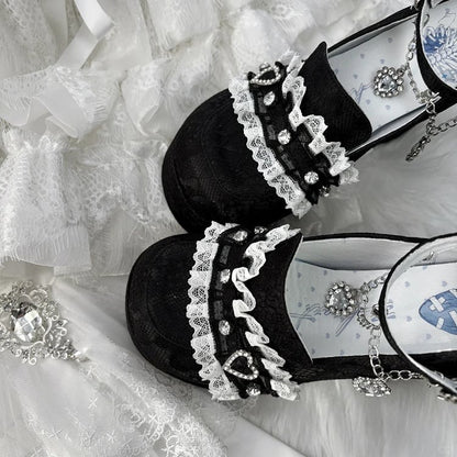 Jirai Kei Black Lace Platform Heels: 12cm Chunky Block Heel with Heart Rhinestone Chain & Buckle Ankle Strap