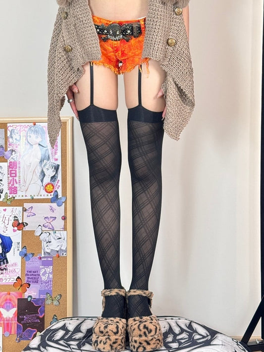 Black Y2K Plaid Pattern Suspender Stockings