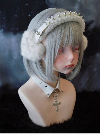 White Handmade Studs and Pins Ruffle Hem Heart Plush Earmuffs