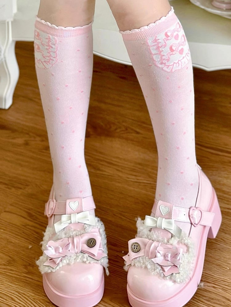 Pink Bowknot Print Polka-dot Pattern Lolita Calf Socks