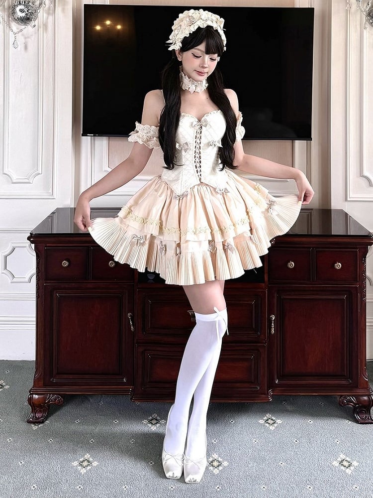 Cream-colored Sweet Lolita Diamond Pattern Corset Top + Skirt + Choker + Wrist Cuffs + KC Full Set