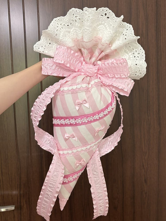 Pink/Blue/Green Striped Pastry Bag with Lace and Ribbon Embellishments