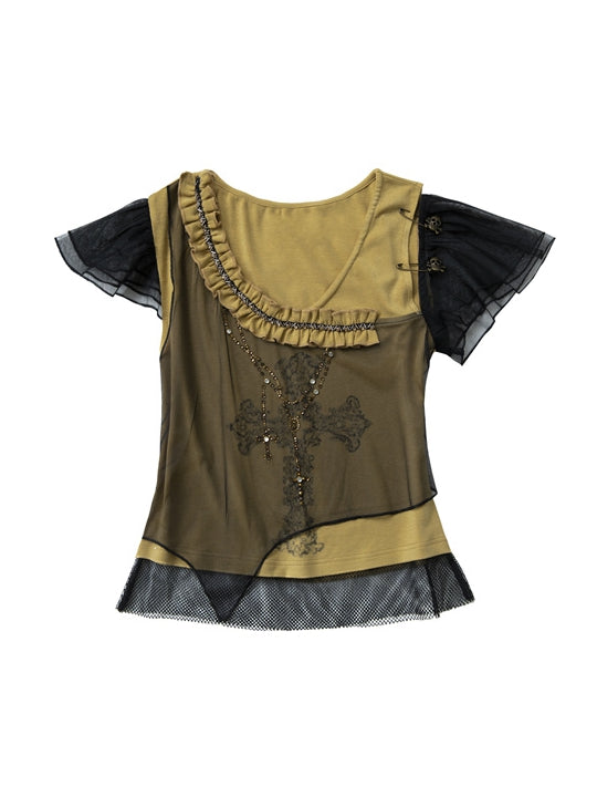 Rhinestones Decorated Yellow and Black Punk Rock Cross Print Asymmetrical T-shirt