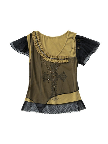 Rhinestones Decorated Yellow and Black Punk Rock Cross Print Asymmetrical T-shirt