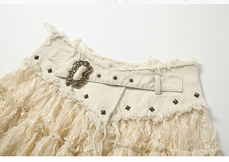 Beige Lace Asymmetrical Hem Skirt with Distressed Trim and Buckle Detail
