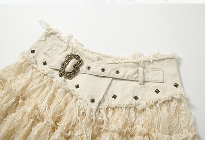 Beige Lace Asymmetrical Hem Skirt with Distressed Trim and Buckle Detail
