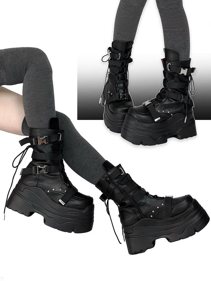 Matte Black Punk Stud Bandage Design Lace-up Details Platform Boots