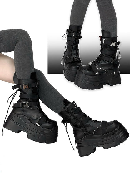 Matte Black Punk Stud Bandage Design Lace-up Details Platform Boots