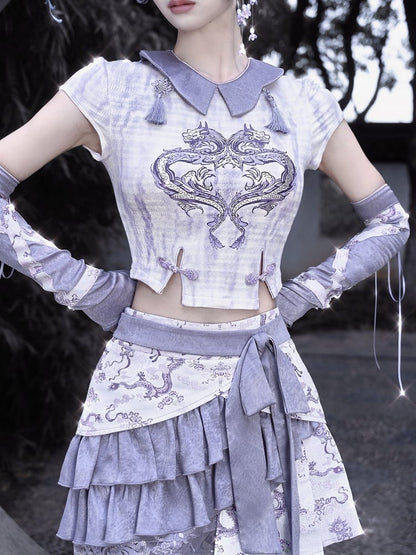 Summer Purple Dragon Print Tie Dye Knitted Cropped Top