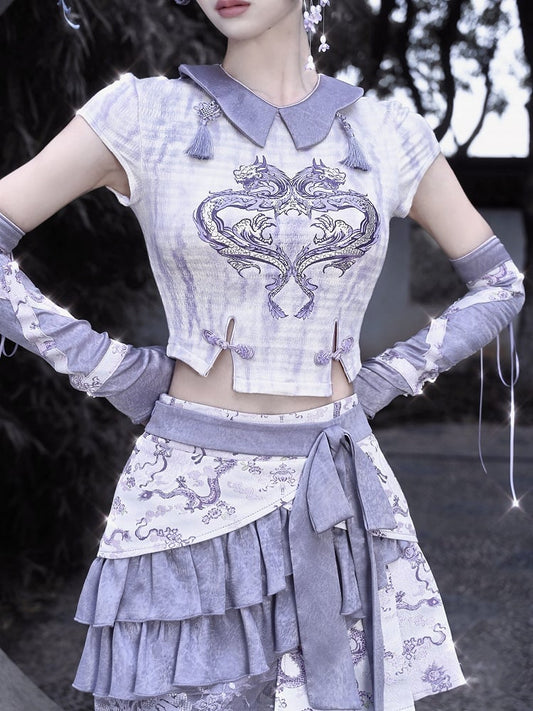 Summer Purple Dragon Print Tie Dye Knitted Cropped Top