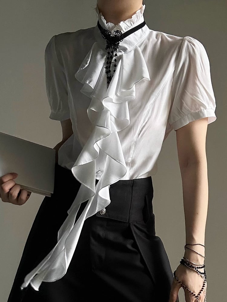 Ouji Lolita Vintage White Puff Sleeve Shirt with Detachable Lace Necklace & Cascading Ruffles