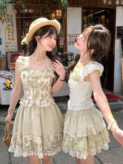 Light Green Vintage Grape Print Sleeveless Top with Detachable Bowknots