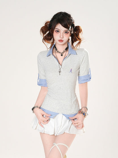 Blue Plaid Hem Gray Polo Collar Preppy Style Slim-fitting T-shirt