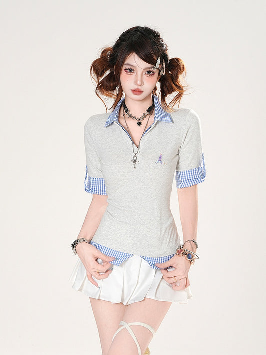 Blue Plaid Hem Gray Polo Collar Preppy Style Slim-fitting T-shirt