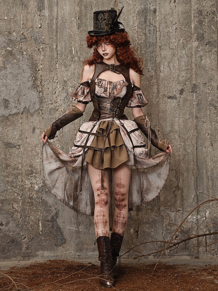 Clearance - Size M for Bust 82-90cm Pictorial Print Neckline Summer Cami Top with Detachable Puff Sleeves