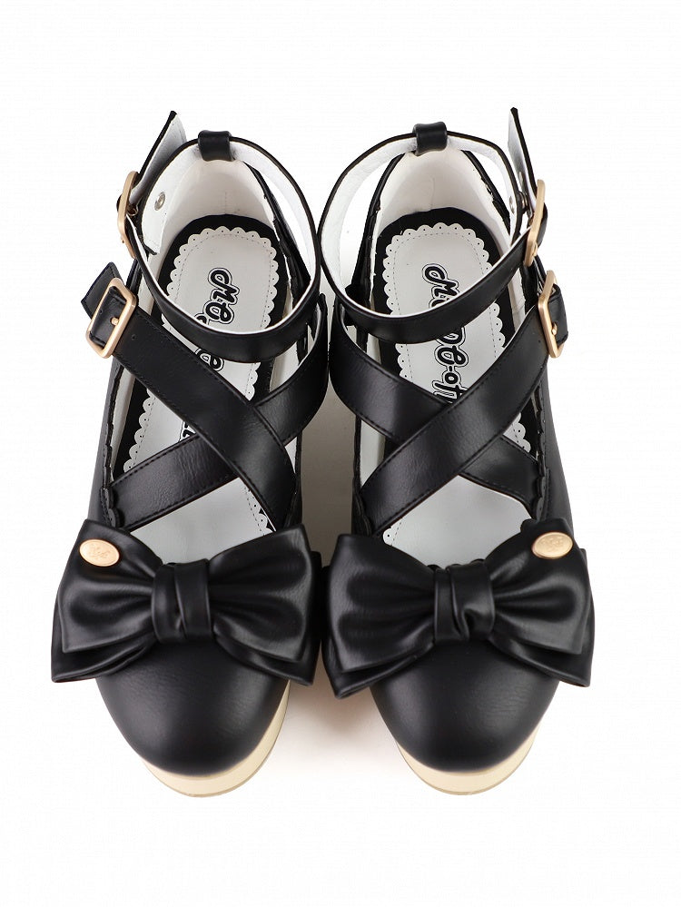 Sweet Black Lolita Mary Janes in PU - Wood Grain Sole with Crisscross Design & Bow Accents