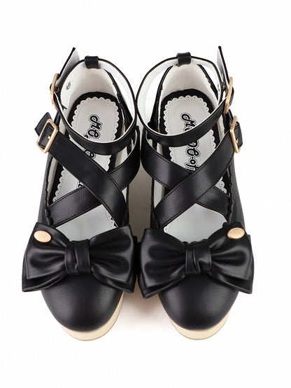 Sweet Black Lolita Mary Janes in PU - Wood Grain Sole with Crisscross Design & Bow Accents