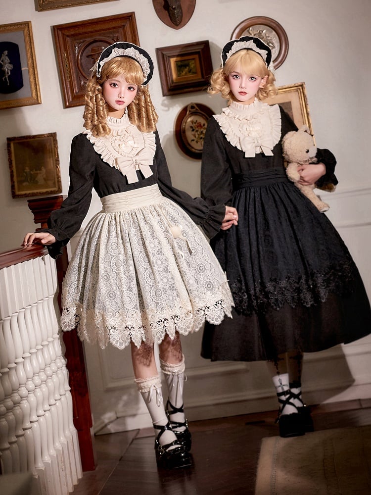 Clearance-Size S for Bust 88CM Beige Ruffle Neckline Black High Waist Long Balloon Sleeves Lolita Dress Short Version
