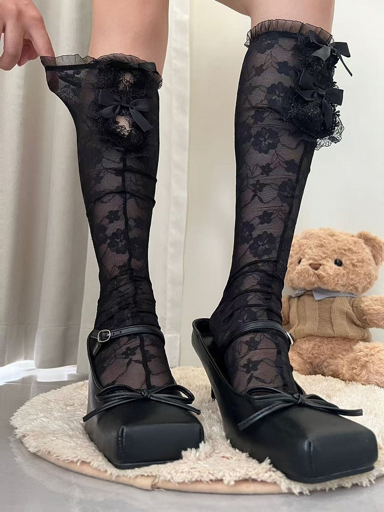Black Y2K Floral Pattern Bowknot Details Semi-sheer Underknee Stockings