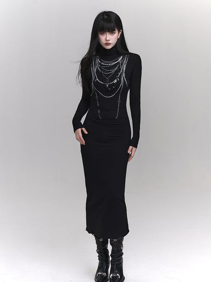 Black High Neck Beaded Chain Print Slim-fitting Dress