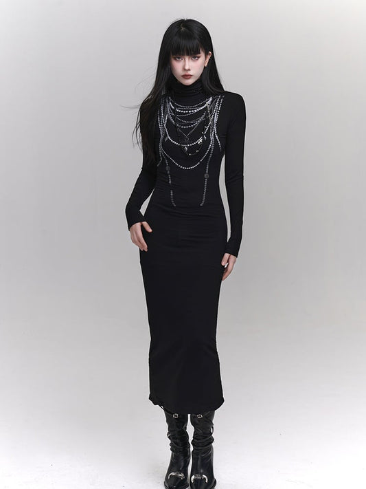 Black High Neck Beaded Chain Print Slim-fitting Dress